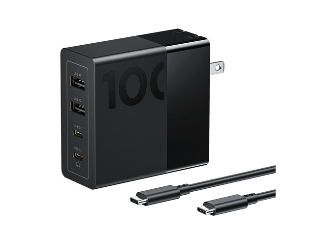100W USB C Charger, 4-Port Multi-Device Fast Charging, Black GaN Power Block with 240W Cable, for Thinkpad, MacBook, Dell XPS, iPhone, Samsung