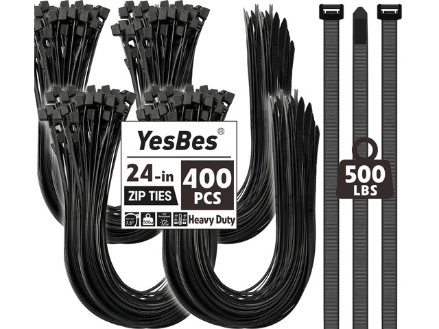 400 PCS Zip Ties 24 Inch Heavy Duty, Large Cable Ties 500lbs Tensile Strength, Black Zip Ties for Indoor and Outdoor Use, UV Resistant Wire Ties