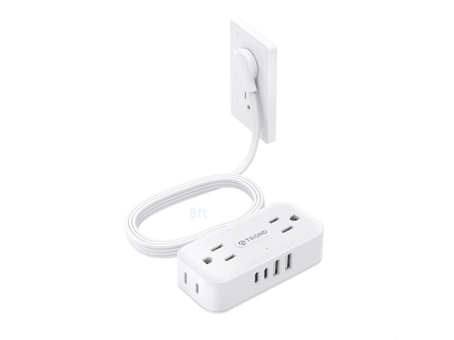 Flat Plug Power Strip, Small Extension Cord 8ft, 4 AC & 4 USB, White Flat Extension Cord with Multiple Outlets, 1250W, Wall Mount 900J Surge...