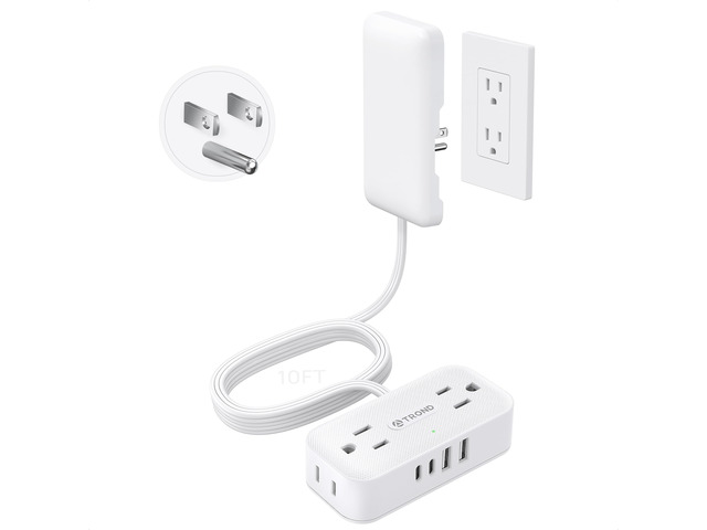 10ft Flat Extension Cord with Ultra-Thin Outlet Cover, 1250W, White Flat Wall Plug Power Strip with 4 AC & 4 USB Ports(2 USB C), 900J Surge...