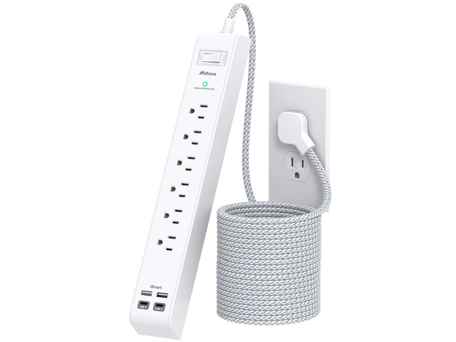 Flat Plug Extension Cord, Surge Protector Power Strip 15FT, 10-in-1 with 6 AC Outlets 4 USB Ports(2 USB-C), Extension Cord with Multiple Outlets,...