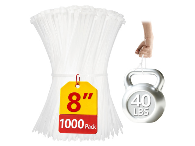 White Zip Ties 8 inch, 1000 Pack, 40lbs, Cable Ties, Zipties Clear, 1000-Pack Versatile Ties: 8' clear cable ties, 40lbs tensile strength. Ideal...