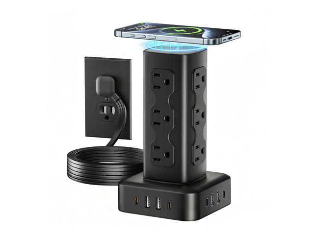 PD65W Power Strip Tower with 12 AC Outlets & 8 USB Ports(4 USB C), 6FT Cord 21-in-1 Flat Plug Charging Station Tower, 6FT Extension Cord for Home...