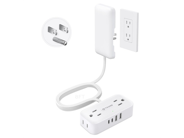 8ft Flat Extension Cord with Ultra-Thin Outlet Cover, 1250W, White Flat Wall Plug Power Strip with 4 AC & 4 USB Ports(2 USB C), 900J Surge...