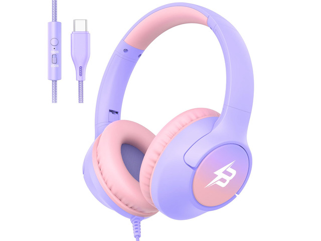 USB C Headphones Wired for Kids, 85/94dB Volume Limit With Mic, Purple Kid Headphones for School, Wired Over Ear USBC Plug in Corded Headphones for...