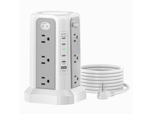 PD 65W USB C Fast Desktop Charging Station Tower Power Strip Surge Protector, 12 Widely Spaced AC Outlets, 4 USB C, 1 USB A, 10FT Extension Cord...