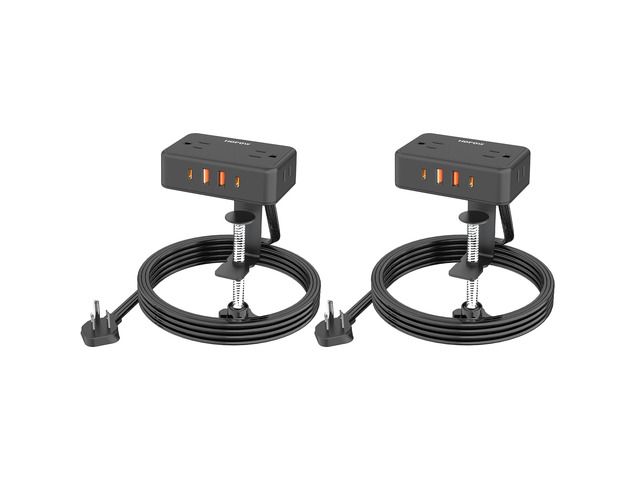 2 Pack Desk Clamp Power Strip with 4 Outlets & 4USB, 10FT Extension Cord Desktop Mount, Fits 2.75' Tabletop Edge, Wide Spaced, 1625W/13A, Flat...