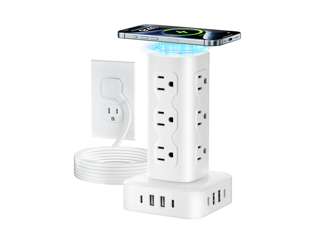 Power Strip Tower Surge Protector(2000J), PD65W Charging Station Tower with 12 AC Outlets & 8 USB Ports (4 USB C), 6FT Extension Cord for Home...