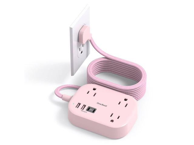 Cruise Essentials 2026, Travel Power Strip with USB C,Flat Plug, Pink 10ft Extension Cord with 3 Outlets 4 USB Ports(2USB C),Desk Wall Outlet...