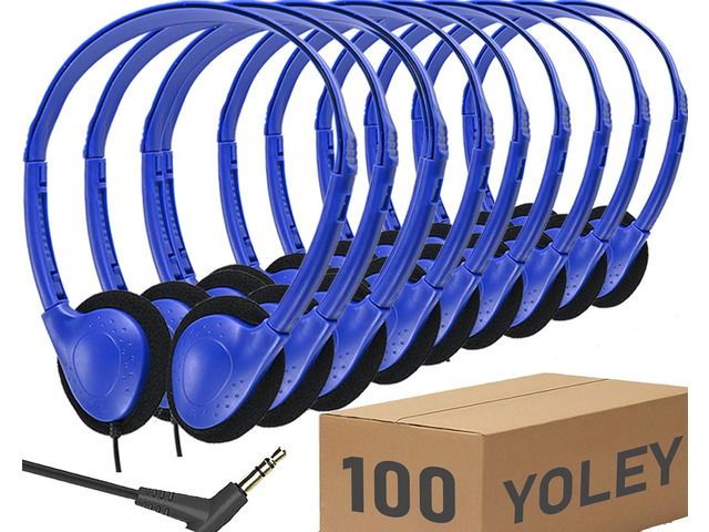 Classroom Headphones Bulk 100 Pack Class Set for School Students Kids and Adult -Sturdy Wired 3.5mm Plug (Blue, 100 Pack)