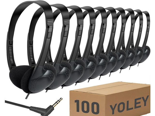 Classroom Headphones Bulk 100 Pack Class Set for School Students Kids and Adult -Sturdy Wired 3.5mm Plug (Black, 100 Pack)