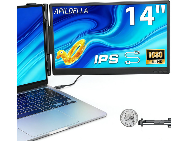 14' Dual Laptop Screen Extender, 1080P FHD IPS 0.2' Ultra-Slim & 1.8 lbs, Plug-Play Second Monitor for 13-16'' Laptops, Work with Mac, Window, Chrome