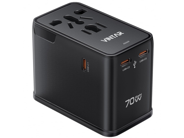 Universal Travel Adapter 70W GaN, 5-in-1 with 3USB-C PD & 1USB-A QC International Power Adapter, Fast Charging for Laptops/Tablets/Phones,...