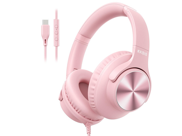 USB C Wired Headphones with Mic, Volume Control, Over-Ear for School, Pink Foldable Plug in Headphones with Volume Control for Teens Classroom...