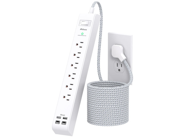 Surge Protector Power Strip 5FT, 10-in-1 with 6 AC Outlets 4 USB Ports(2 USB-C), Ultra Flat Plug Braided Extension Cord, Wall Mountable, 1080J...