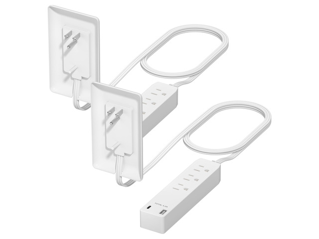 Outlet Extender with 3 Receptacles, 12W USB-A & USB-C, Flat-Face ETL Listed, 3ft Cord, 1625W, 2-Pack, Matte White, 3-Outlet Power Strip, Wall Plate...