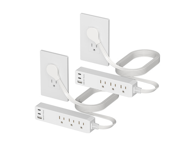 Outlet Extender with 3 Receptacles, USB-A & 2 USB-C Ports, Flat-Plug ETL Listed, 5ft Cord, 1250W, 2-Pack, Matte White, 3-Outlet Power Strip, Slim...