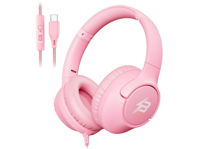 USB C Headphones Wired for Kids, 85/94dB Volume Limit With Mic, Pink Kid Headphones for School, Wired Over Ear USBC Plug in Corded Headphones for...
