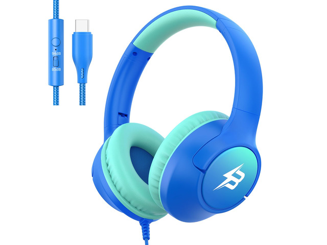 USB C Headphones Wired for Kids, 85/94dB Volume Limit With Mic, Blue Kid Headphones for School, Wired Over Ear USBC Plug in Corded Headphones for...