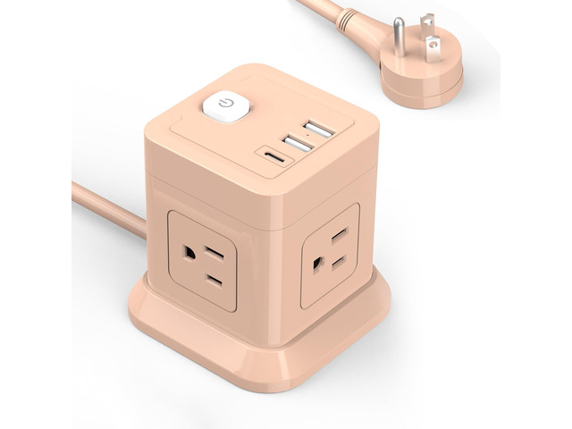 Cube Power Strip USB C, 4 Outlets 3 USB 10 FT Extension Cord Pink Long Cord Flat Plug Overload Protection Compact Power Cube for Desktop Home...