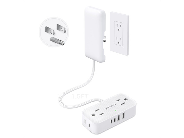 1.5ft Flat Extension Cord with Ultra-Thin Outlet Cover, 1250W, White Flat Wall Plug Power Strip with 4 AC & 4 USB Ports(2 USB C), 900J Surge...