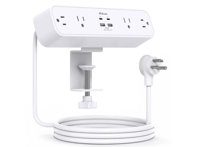 PD65W Desk Clamp Power Strip, 1080J Surge Protector, 2 USB C 4 Outlets, 5FT Extension Cord, Fast Charging Station, Desk Organizer Gaming...