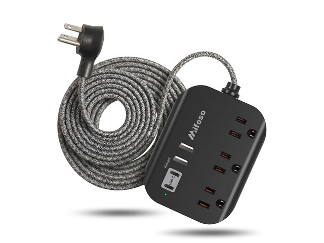 Power Strip with USB, 15Ft Compact Flat Plug Extension Cord 3 Outlets 4 USB Ports, Dorm Room Essentials, Black