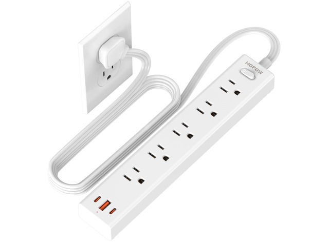 6FT Surge Protector Power Strip, 1700J, 5AC & 1A2C, Flat Plug Extension Cord Flat Power Strip, 0.33in Ultra Thin Plug, 1250W/10A, Wide Spaced,...
