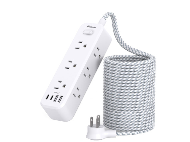 25FT Extension Cord with Multiple Outlets, 13-in-1 Long Power Strip with 9 Wide Spaced Outlets and 4 USB Ports, Flat Plug Wall Mount Charging...