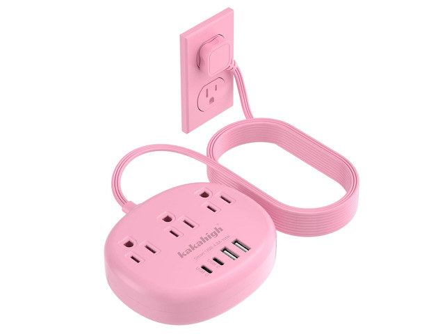 Pink Extension Cord - 10 FT Flat Power Strip 1625W Cute Extension Cord with 3 AC Outlet 4 USB (24W/4.8A), Compact for Cute Pink Kawaii Desk Home...
