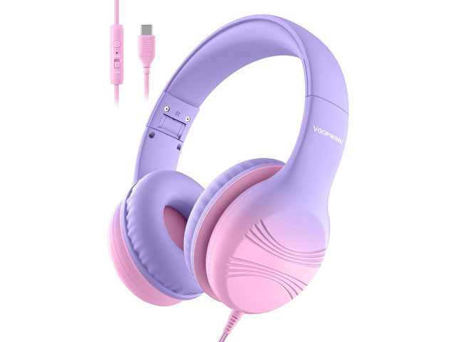 USB Type C Kids Headphones, Wired Headphones for Kids with Microphone 85/94dB Volume Limit, Stereo Sound Portable Over Ear Headphones for...