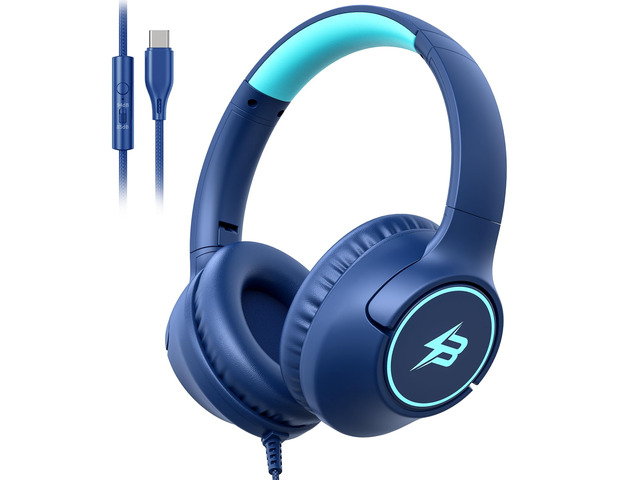 USB C Headphones Wired for Kids, 85/94dB Volume Limit With Mic, Navy Blue Kid Headphones for School, Wired Over Ear USBC Plug in Corded Headphones...