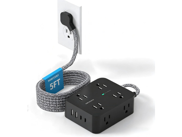 Power Strip Surge Protector, 5 Ft Flat Extension Cord with Multiple Outlets Ultra-Thin Flat Plug Braided Cord, 4 USB Ports(2 USB C), Multi Plug...
