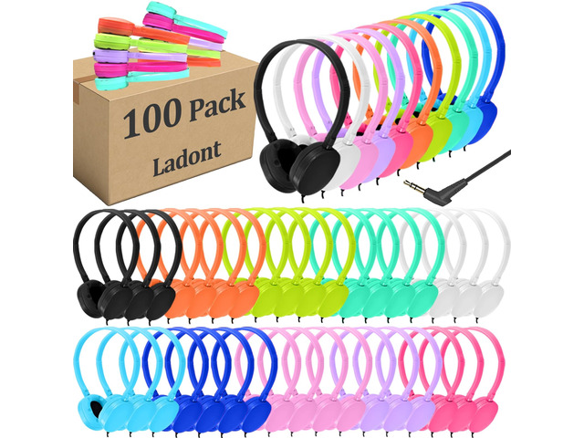 100 Pack Classroom Headphones, Bulk Kids Headphones for School Student Boys Girls Teens, 3.5mm Plug for Computer Chromebook,Grades K-12(10 Color)