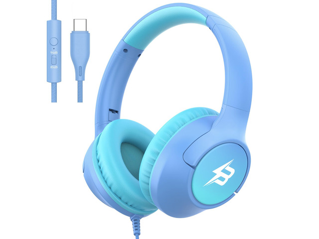 USB C Headphones Wired for Kids, 85/94dB Volume Limit With Mic, Light Blue Kid Headphones for School, Wired Over Ear USBC Plug in Corded Headphones...