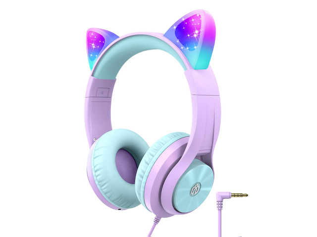 HS20 Kids Headphones for Toddler Girls, Cat Ear LED Light Up School SafeSound Tech, 3.5mm Wired Foldable, Stereo Sound, Over-Ear Headphones for...