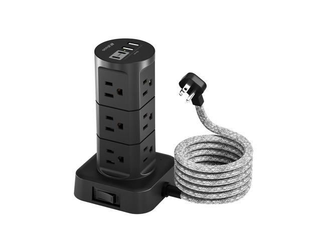 Charging Station Tower, 10Ft Power Strips with Surge Protection, Flat Plug 12 Outlets 4 USB Ports, 1875W/15A 1080J Extension Cord with Multiple...