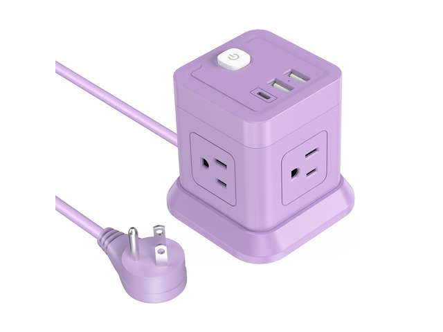 Cube Power Strip USB C, 4 Outlets 3 USB 5 FT Extension Cord Purple Space Saving Cube Shape Widely Spaced Outlets with USB C Port Flat Plug Power...