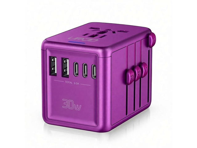 Universal Travel Adapter, 30W Fast Charging, for Europe UK US, Purple 3 USB-C + 2 USB-A Ports & 2500W AC Outlet, International Power Adapter for...