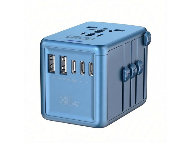 Universal Travel Adapter with 5 USB C/A Ports 30W Fast Charging, Blue International Power Adapter for Europe UK Japan 200+ Countries, Travel...
