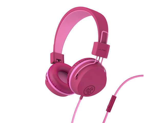 JBuddies Studio on-Ear Kids Wired Headphones with mic, Volume Limiter, Foldable, Adjustable, Dark Pink