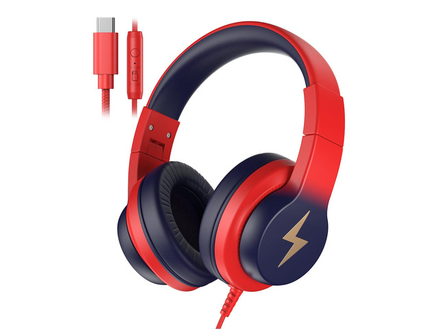 USB C Wired Kids Headphones with Microphone for School 85/94dB Volume Limited, Foldable Over-Ear Fit, Corded Headphones for Toddler,...