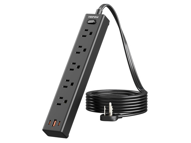 5FT Surge Protector Power Strip, 1700J, 5AC & 1A2C, Flat Plug Extension Cord Flat Power Strip, 0.33in Ultra Thin Plug, 1250W/10A, Wide Spaced,...