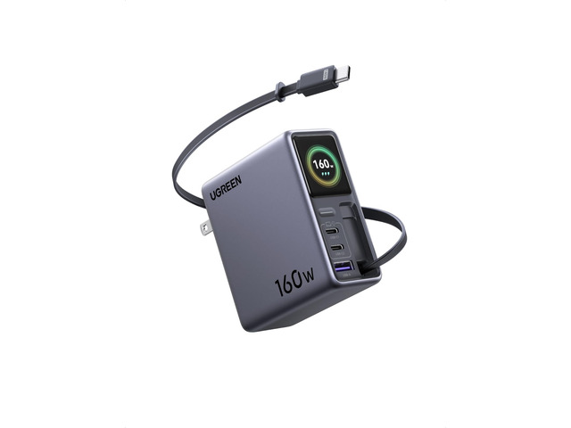 Nexode Pro 160W Charger with Retractable Cable, Smart Display & APP Control, 4-Port GaN Fast USB C Wall Block, Type-C Charging Compatible for...