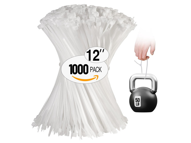 White Zip Ties 12 Inch 1000 Pack Clear Tensile Strength 50 lbs UV Resistant Industrial Cable Ties Self Locking Zipties Wire Ties Wrap Indoor...