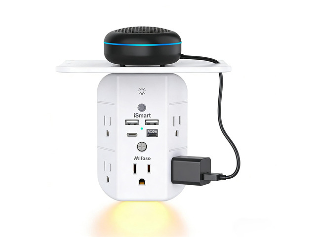 PD20W Outlet Extender with Shelf & Night Light, Surge Protector 5 AC Outlets, 2 USB-A, 2 USB-C, 3-Sided Wide-Space, Multi-Plug Outlet Splitter,...