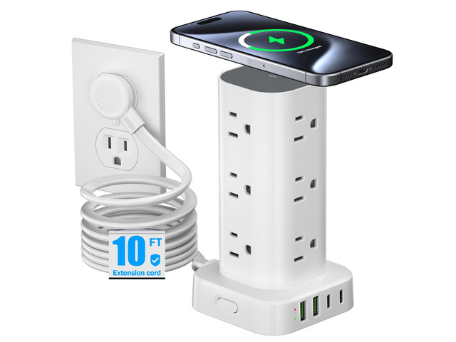 Tower Power Strip with 15W Wireless Charger, 10FT Flat Plug Extension Cord with Multiple Outlets, 12 AC Outlets, 4 USB Ports (2 USB C) Charging...