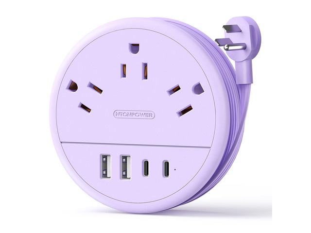 Purple Travel Power Strip with 3 AC Outlet 4 USB(2 USB C), Dorm Room Essentials 4FT Flat Extension Cord, Purple Desk Accessories Compact fo for...