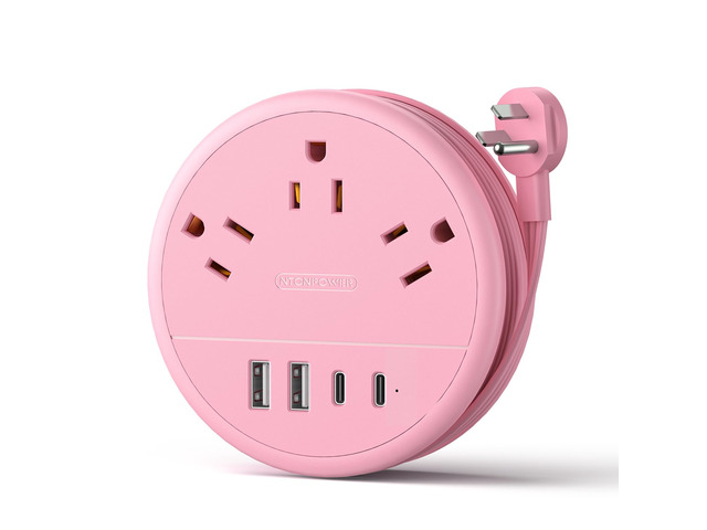 Pink Travel Power Strip, Travel Essentials, Cruise Essentials 3 Outlets 4 USB Ports(2 USB C), 4FT Wrapped Around Extension Cord for Travel Cruise...
