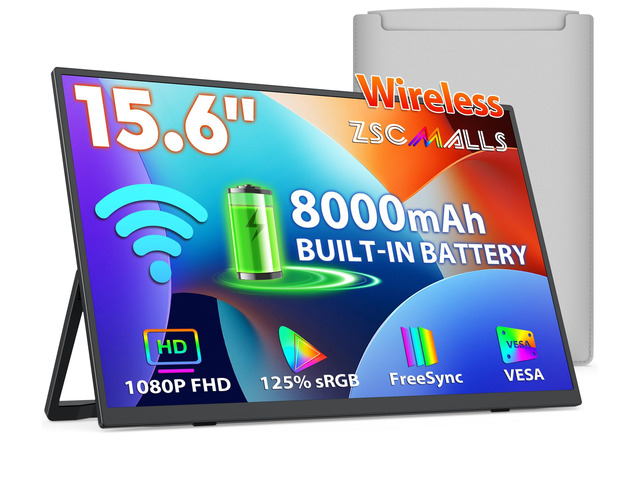 Battery Wireless Portable Monitor, 8000mAh 15.6' 1080P IPS USB-C/HDMI Second Screen, Built-in Speakers, Support AirPlay/Miracast for...